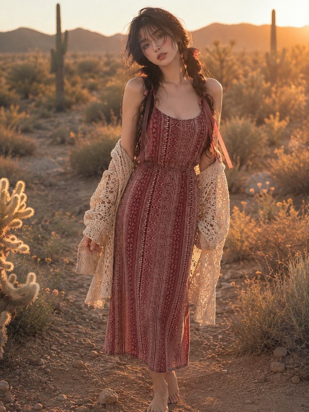Warm Autumn Breeze flowy boho festival gathered waist cami midi dress Sm